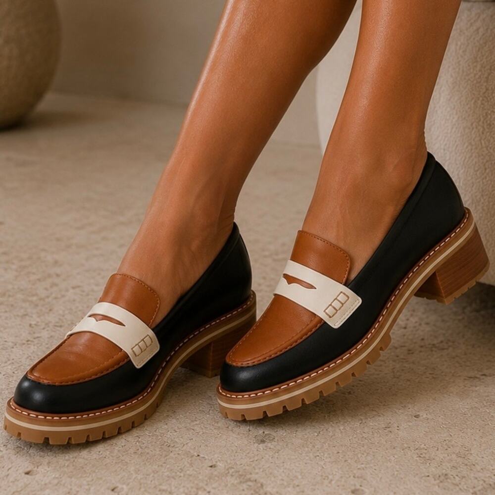 BERNARDO | Colorblock Leather Lug Sole Heeled Loafers Black Tan Cream | Size 7